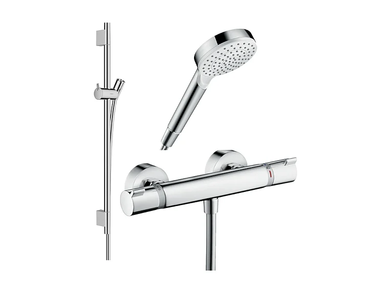 Pack mitigeur douche thermostatique HANSGROHE Ecostat Comfort + Barre Unica S Puro + flexible + Pommeau Crometta blanc/chromé