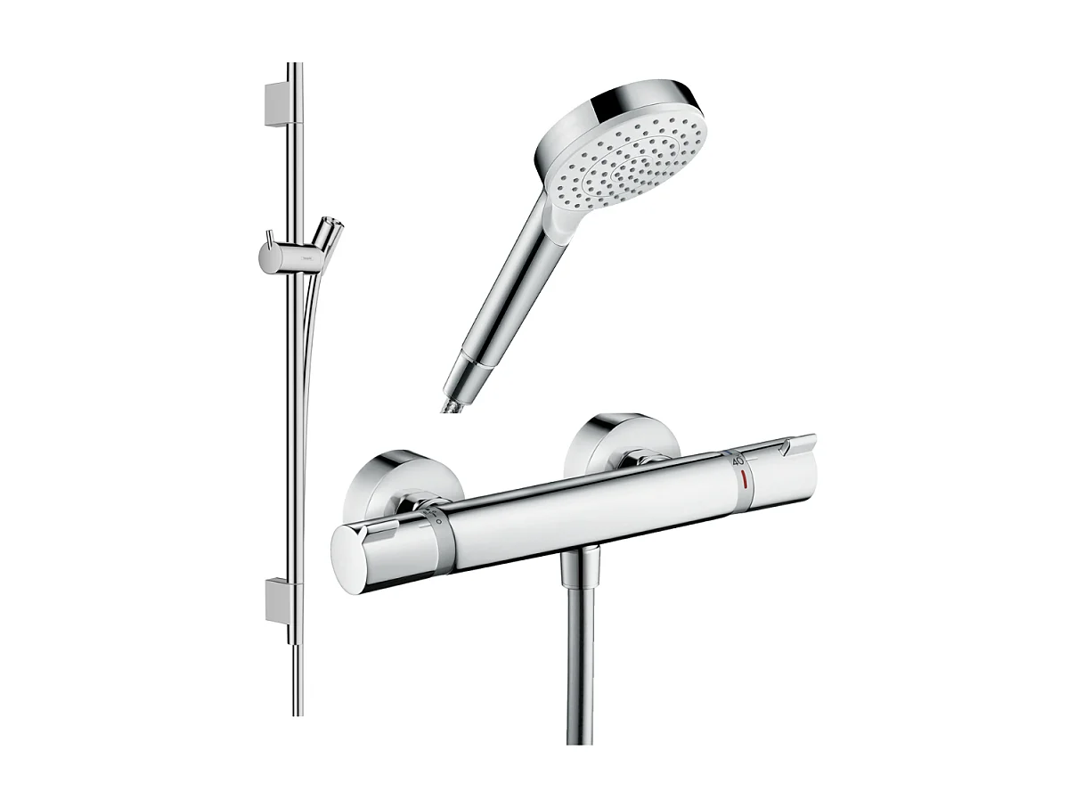 Pack mitigeur douche thermostatique HANSGROHE Ecostat Comfort + Barre Unica S Puro + flexible + Pommeau Crometta blanc/chromé