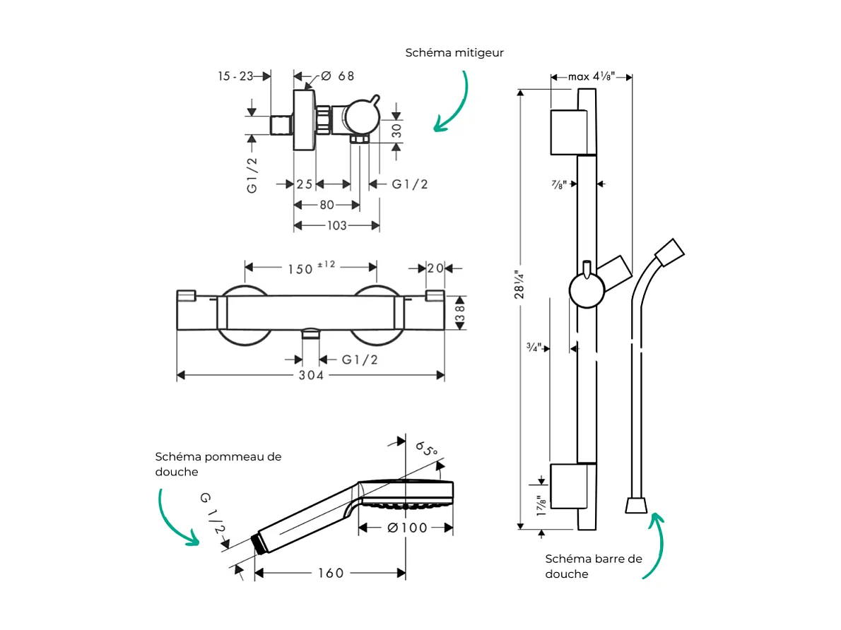 Pack mitigeur douche thermostatique HANSGROHE Ecostat Comfort + Barre Unica S Puro + flexible + Pommeau Crometta blanc/chromé