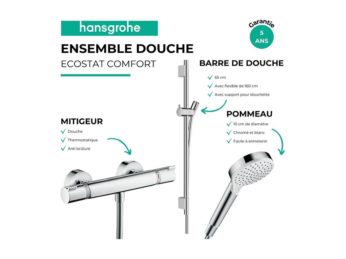 Pack mitigeur douche thermostatique HANSGROHE Ecostat Comfort + Barre Unica S Puro + flexible + Pommeau Crometta blanc/chromé