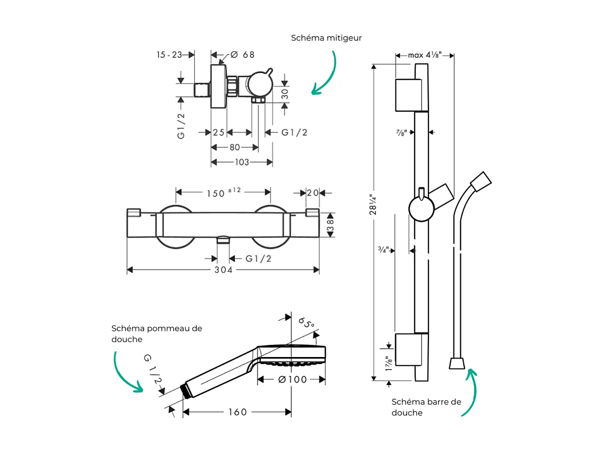Pack mitigeur douche thermostatique HANSGROHE Ecostat Comfort + Barre Unica S Puro + flexible + Pommeau Crometta blanc/chromé