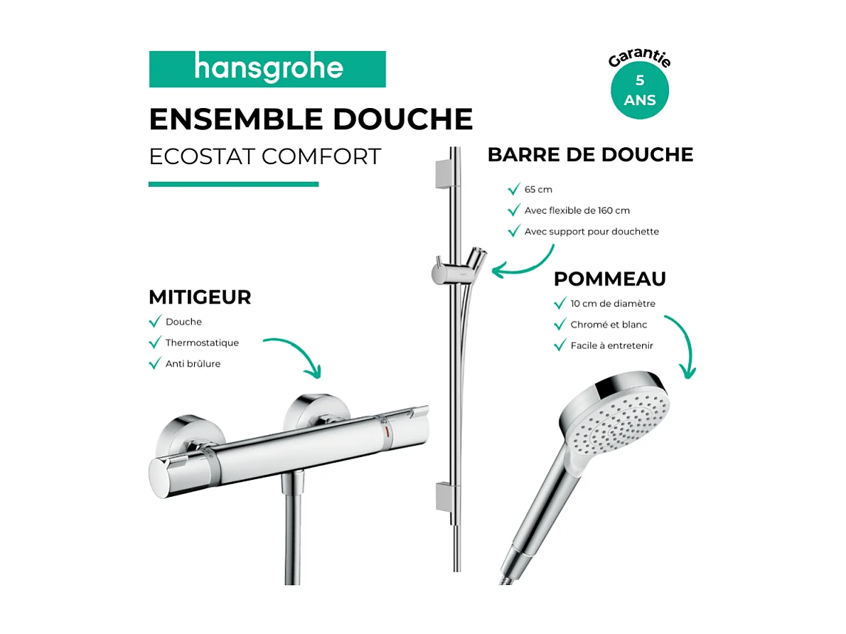 Pack mitigeur douche thermostatique HANSGROHE Ecostat Comfort + Barre Unica S Puro + flexible + Pommeau Crometta blanc/chromé