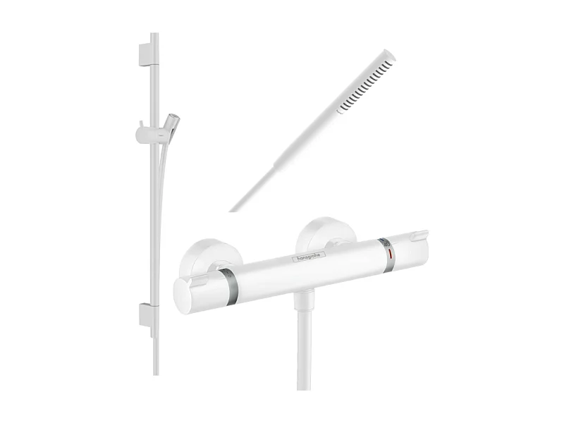 Pack mitigeur douche thermostatique HANSGROHE Ecostat Comfort + Barre Unica S Puro + flexible + Pommeau Pulsify S blanc mat