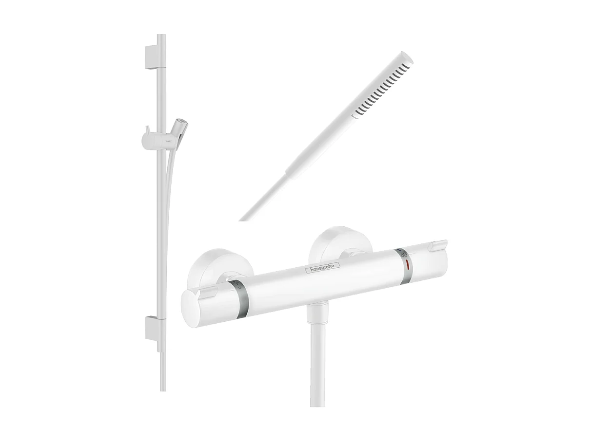 Pack mitigeur douche thermostatique HANSGROHE Ecostat Comfort + Barre Unica S Puro + flexible + Pommeau Pulsify S blanc mat