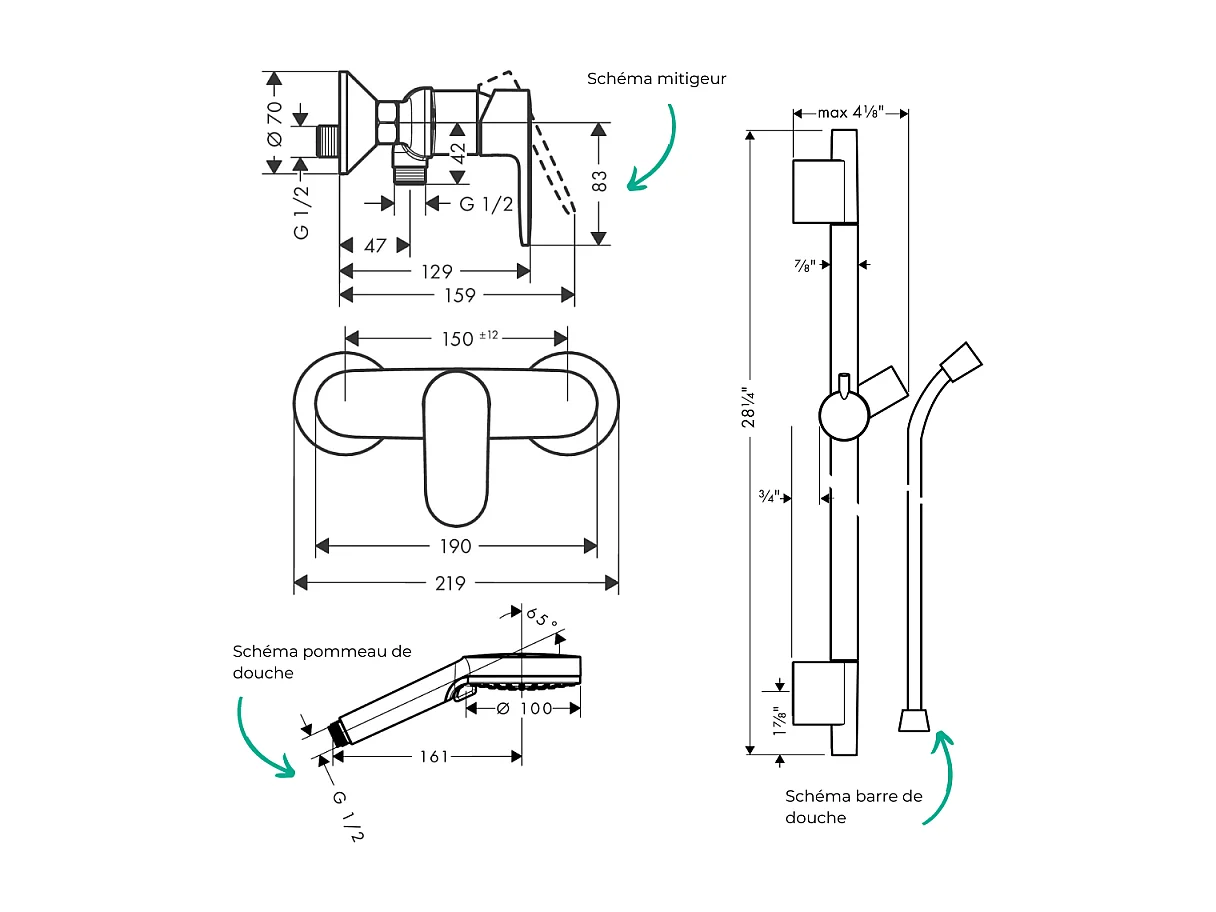 Pack mitigeur douche mécanique HANSGROHE Vernis Blend + Barre Unica S Puro + flexible + Pommeau Vernis Blend Vario chromé