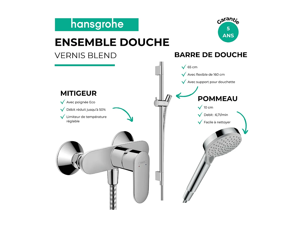 Pack mitigeur douche mécanique HANSGROHE Vernis Blend + Barre Unica S Puro + flexible + Pommeau Vernis Blend Vario chromé