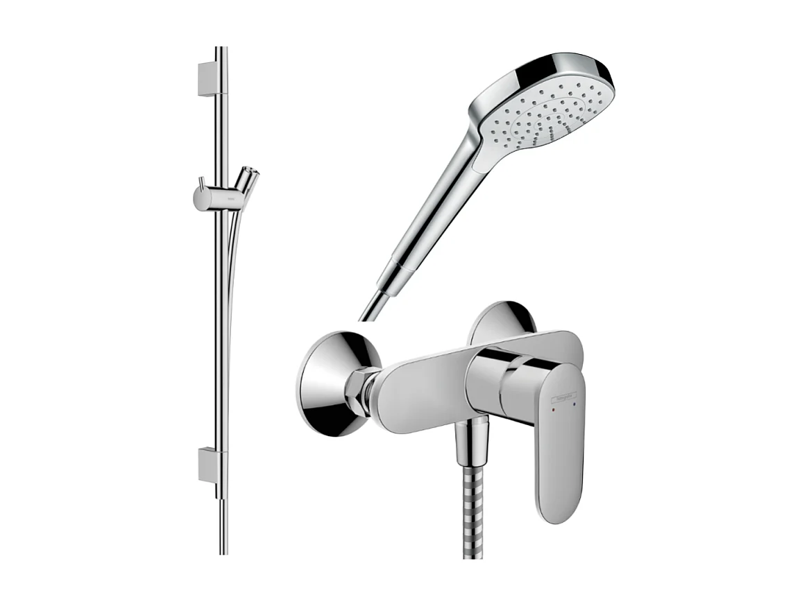 Pack mitigeur douche mécanique HANSGROHE Vernis Blend + Barre Unica S Puro + flexible + Pommeau Croma Select E blanc/chromé