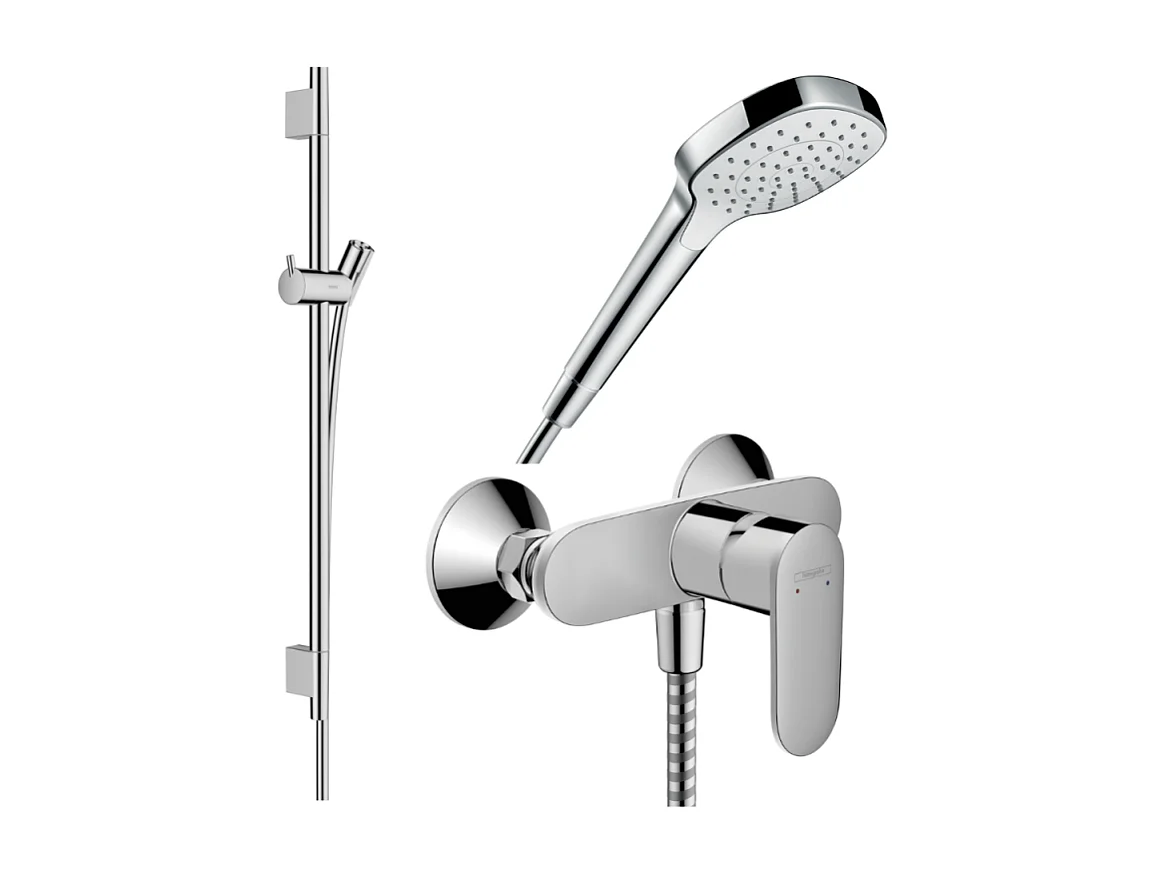 Pack mitigeur douche mécanique HANSGROHE Vernis Blend + Barre Unica S Puro + flexible + Pommeau Croma Select E blanc/chromé