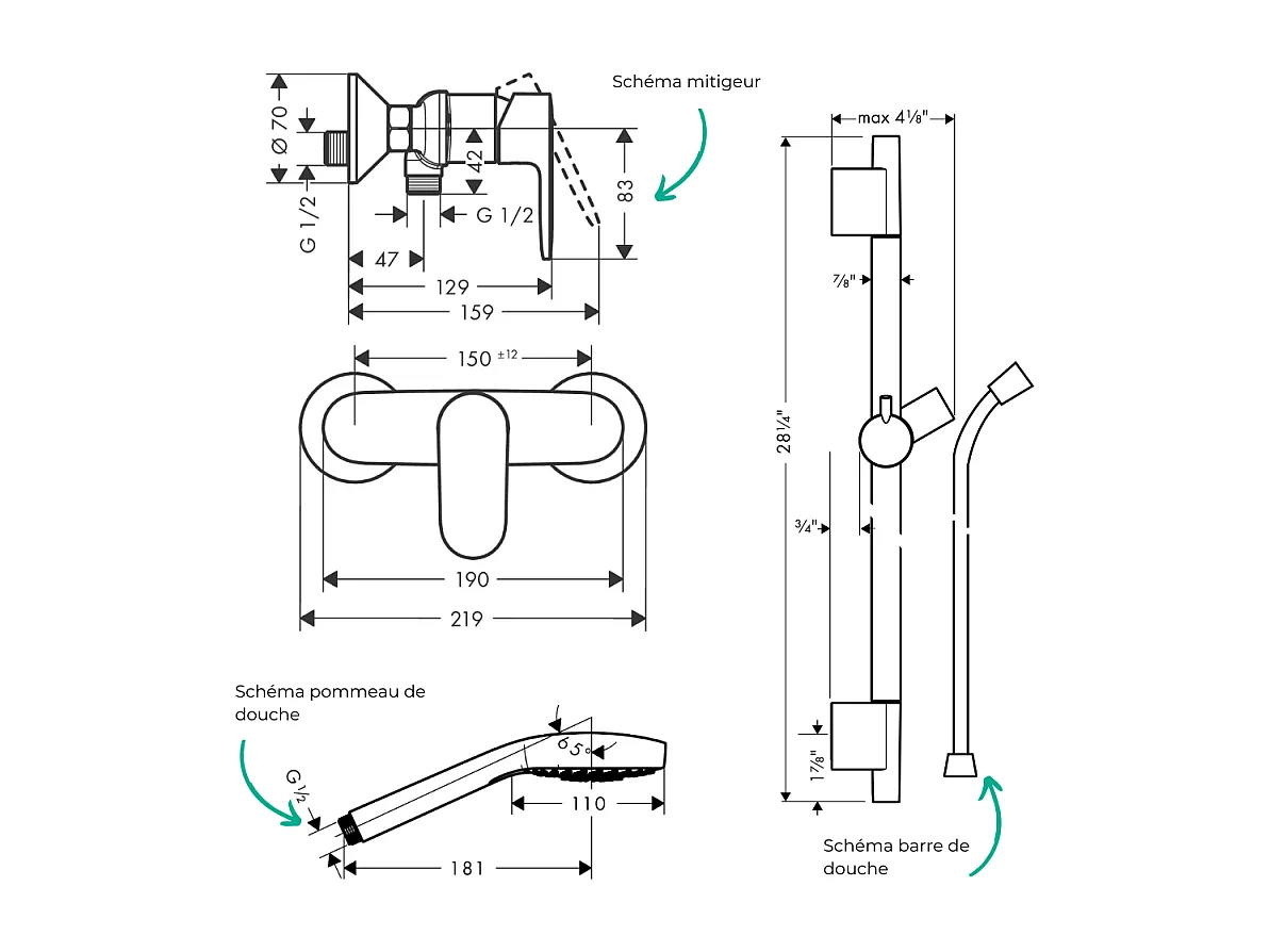 Pack mitigeur douche mécanique HANSGROHE Vernis Blend + Barre Unica S Puro + flexible + Pommeau Croma Select E blanc/chromé
