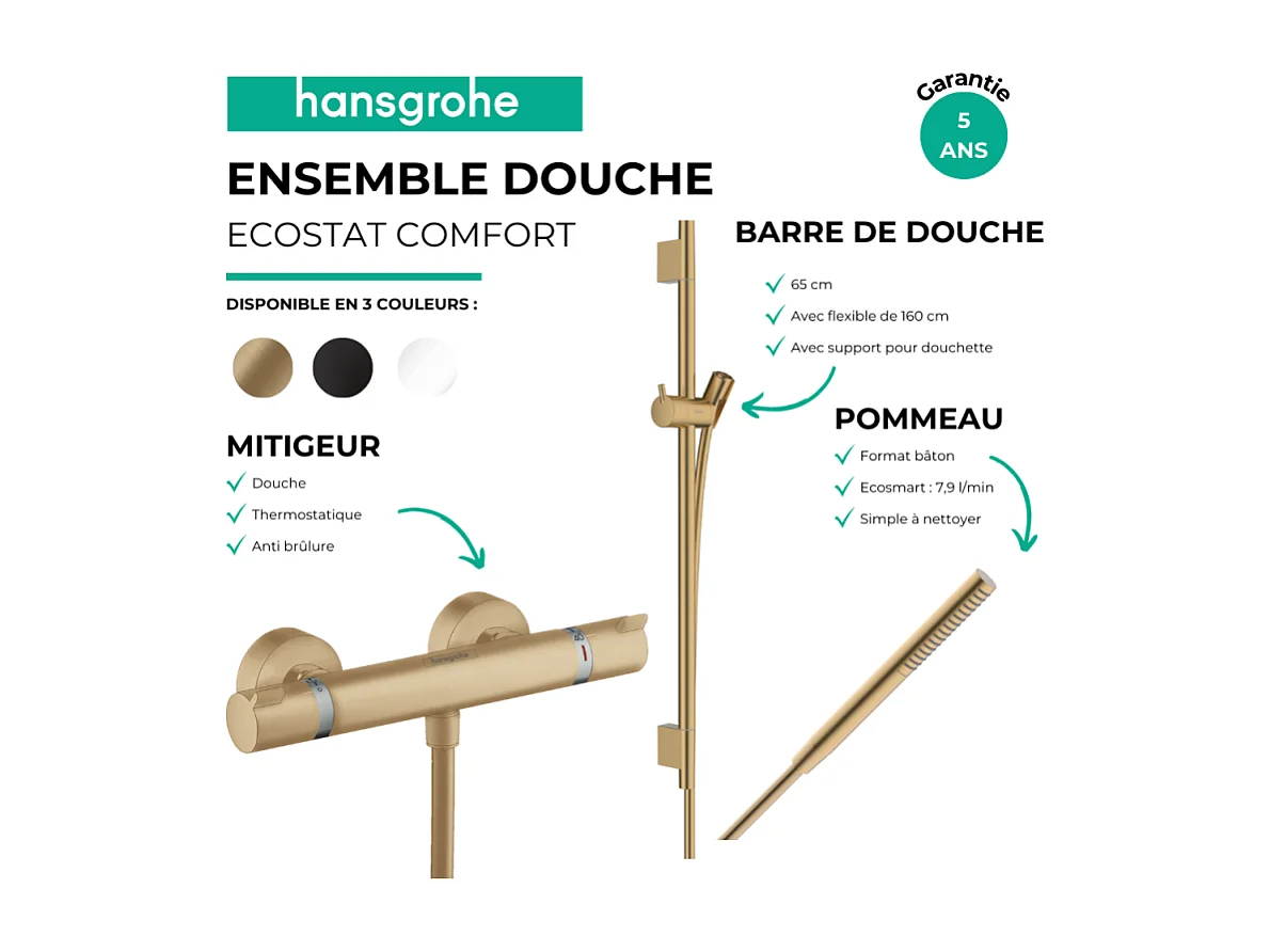 Pack mitigeur douche thermostatique HANSGROHE Ecostat Comfort + Barre Unica S Puro + flexible + Pommeau Pulsify S noir mat