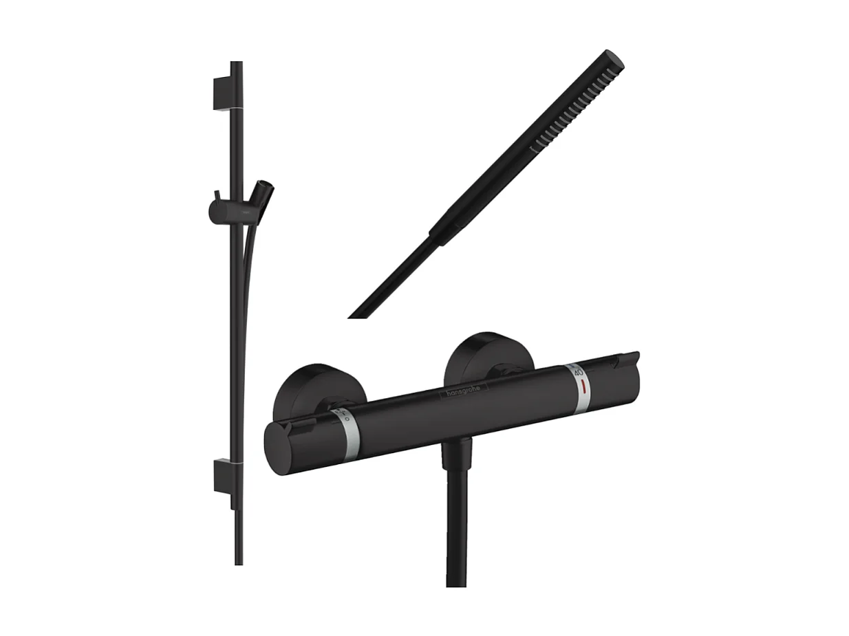 Pack mitigeur douche thermostatique HANSGROHE Ecostat Comfort + Barre Unica S Puro + flexible + Pommeau Pulsify S noir mat