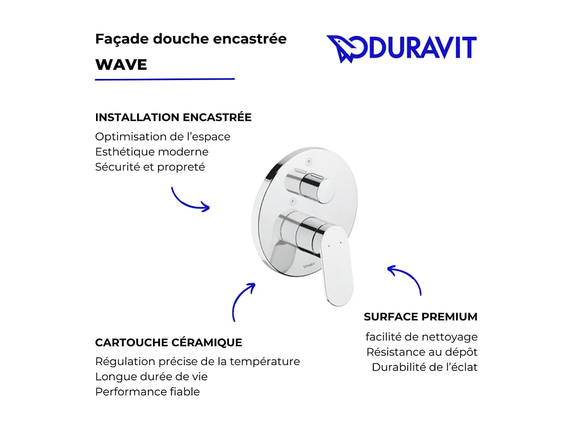 Façade robinet encastré 2 sorties DURAVIT Wave avec inverseur chromé brillant