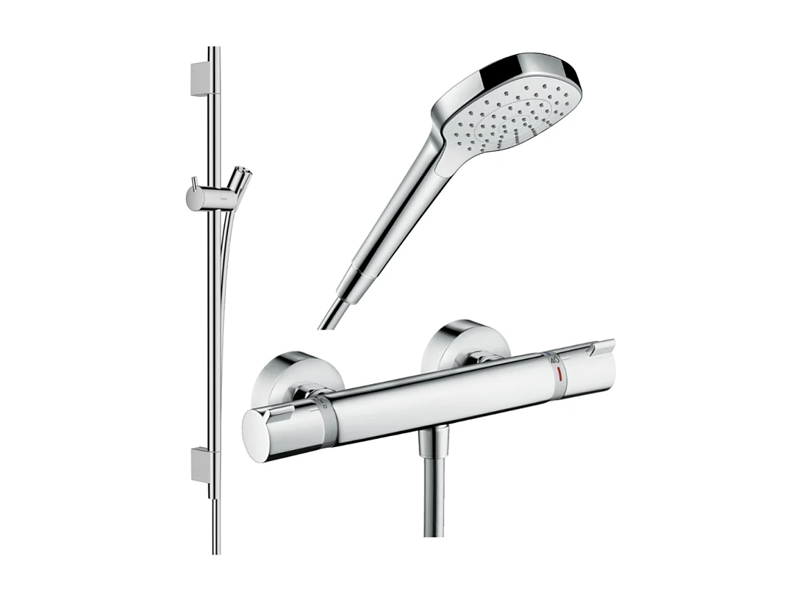 Pack mitigeur douche thermostatique HANSGROHE Ecostat Comfort + Barre Unica S Puro + flexible + Pommeau Croma Select E chromé