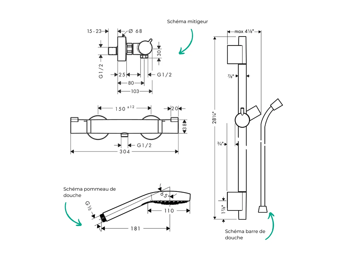 Pack mitigeur douche thermostatique HANSGROHE Ecostat Comfort + Barre Unica S Puro + flexible + Pommeau Croma Select E chromé
