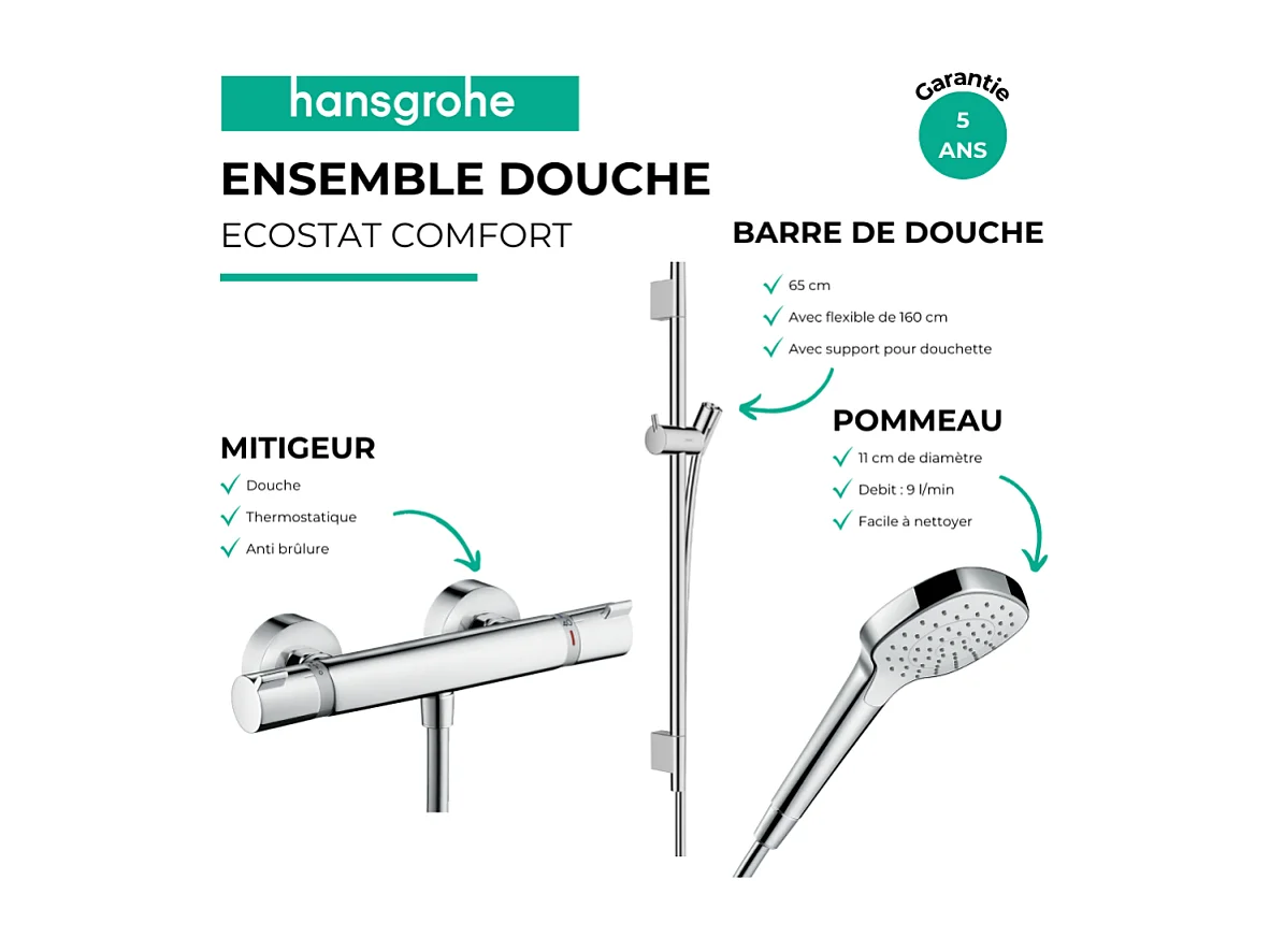 Pack mitigeur douche thermostatique HANSGROHE Ecostat Comfort + Barre Unica S Puro + flexible + Pommeau Croma Select E chromé