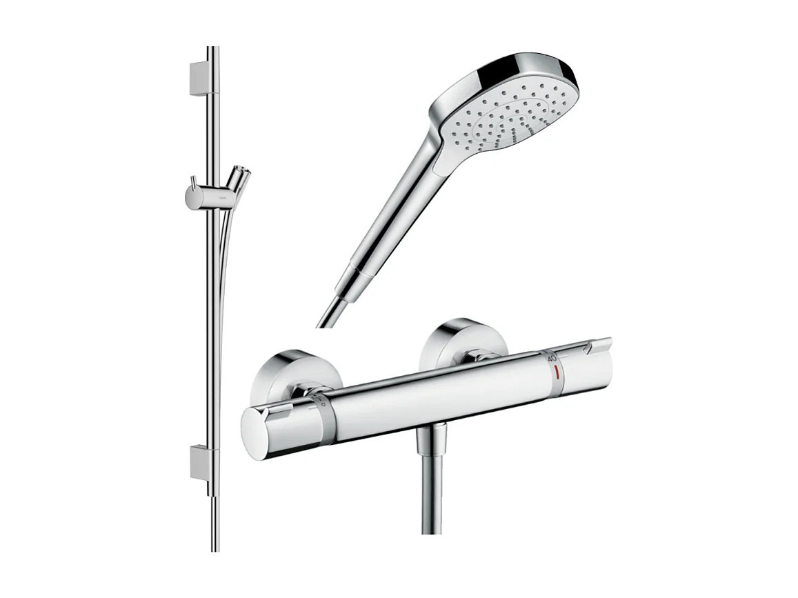Pack mitigeur douche thermostatique HANSGROHE Ecostat Comfort + Barre Unica S Puro + flexible + Pommeau Croma Select E chromé