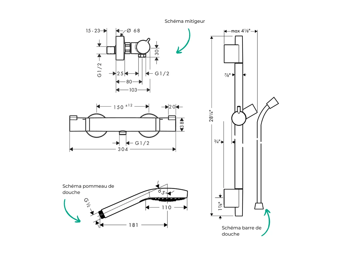 Pack mitigeur douche thermostatique HANSGROHE Ecostat Comfort + Barre Unica S Puro + flexible + Pommeau Croma Select E chromé