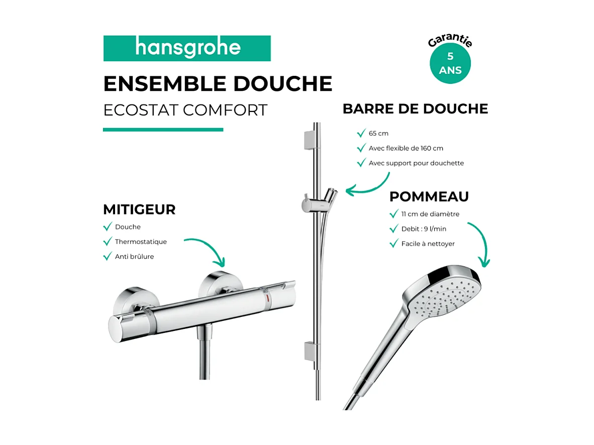 Pack mitigeur douche thermostatique HANSGROHE Ecostat Comfort + Barre Unica S Puro + flexible + Pommeau Croma Select E chromé