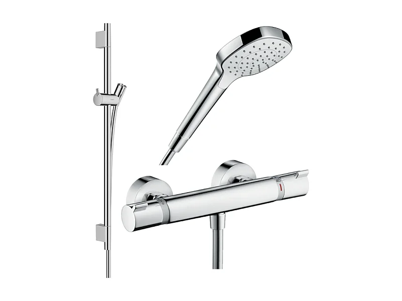 Pack mitigeur douche thermostatique HANSGROHE Ecostat Comfort + Barre Unica S Puro + flexible + Pommeau Croma Select E chromé