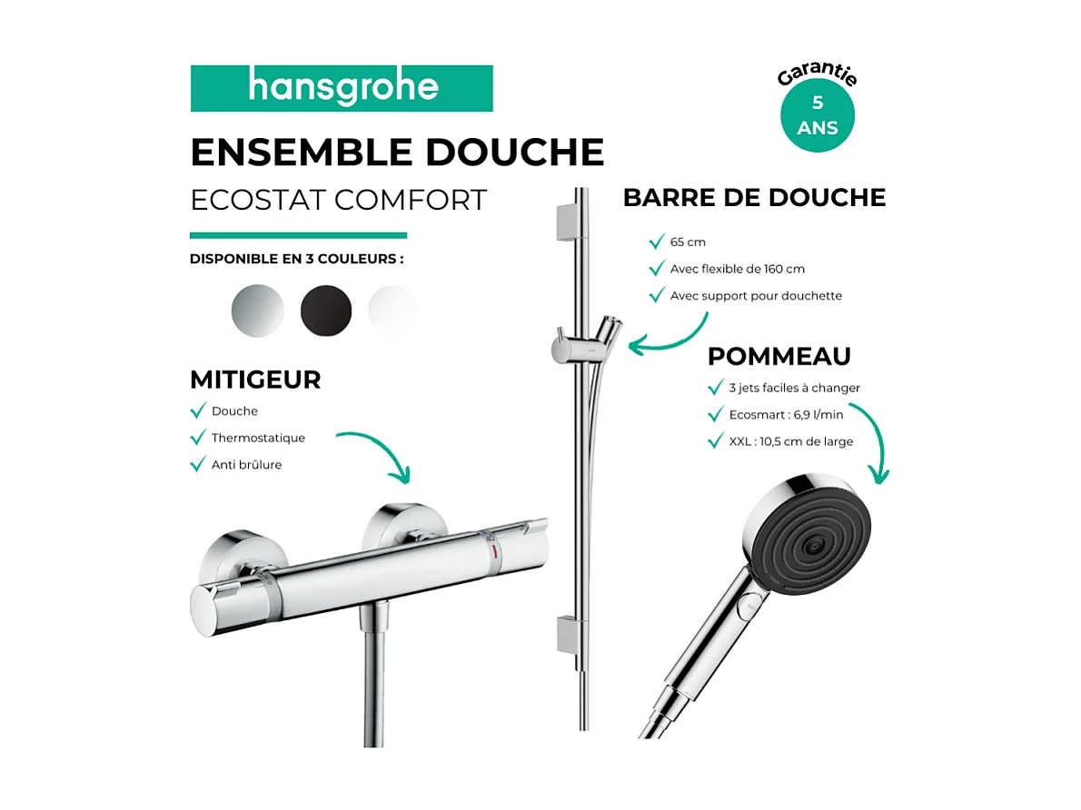 Pack mitigeur douche thermostatique HANSGROHE Ecostat Comfort + Barre Unica + flexible + Pommeau Pulsify Select 3 jets blanc mat
