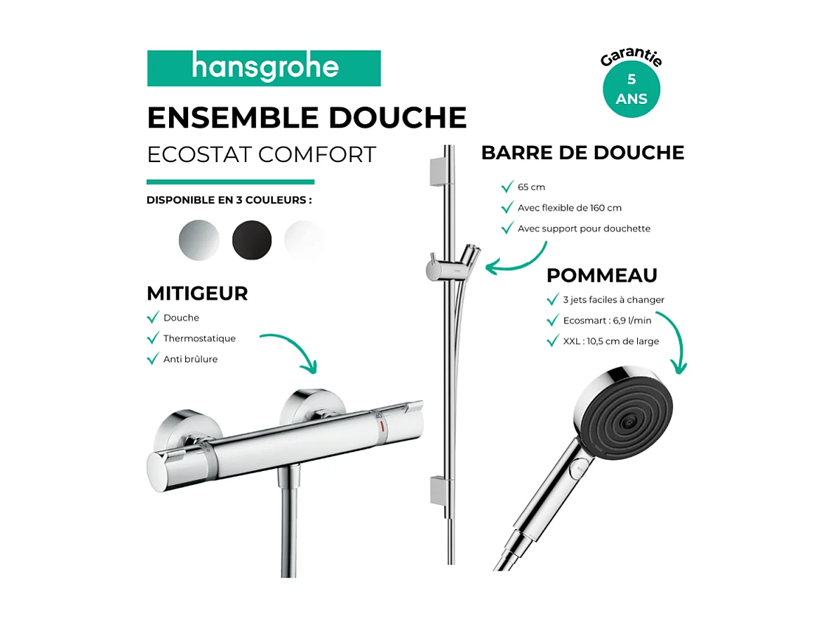 Pack mitigeur douche thermostatique HANSGROHE Ecostat Comfort + Barre Unica + flexible + Pommeau Pulsify Select 3 jets blanc mat