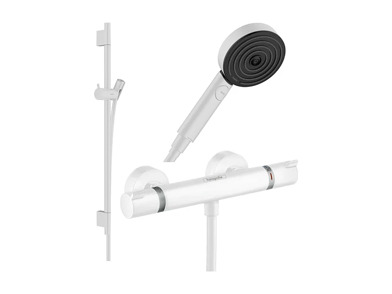 Pack mitigeur douche thermostatique HANSGROHE Ecostat Comfort + Barre Unica + flexible + Pommeau Pulsify Select 3 jets blanc mat
