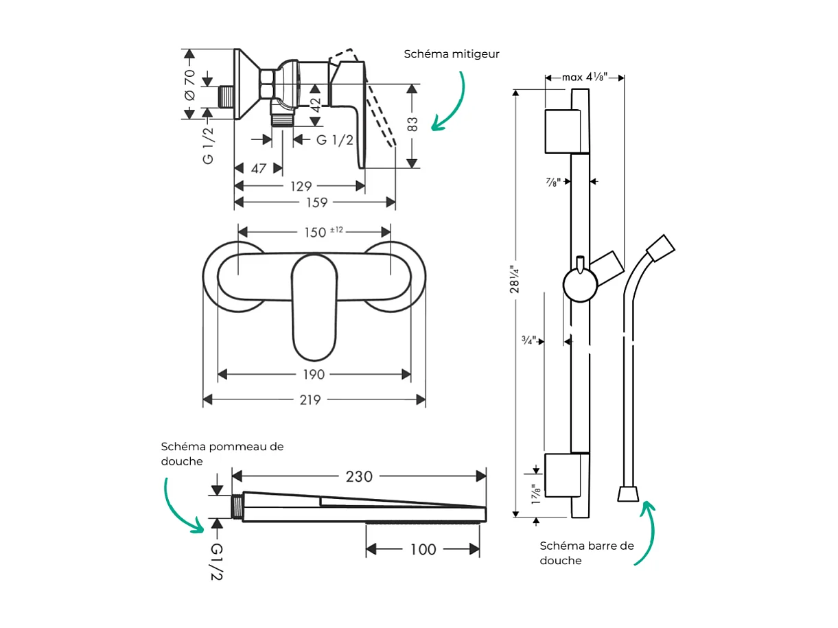 Pack mitigeur douche mécanique HANSGROHE Vernis Blend + Barre Unica S Puro + flexible + Pommeau Pulsify E chromé