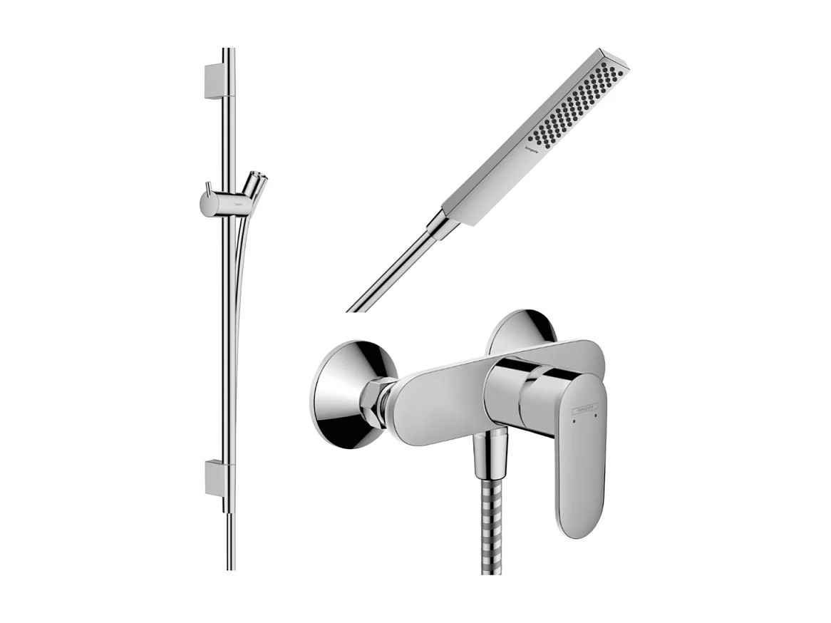 Pack mitigeur douche mécanique HANSGROHE Vernis Blend + Barre Unica S Puro + flexible + Pommeau Pulsify E chromé