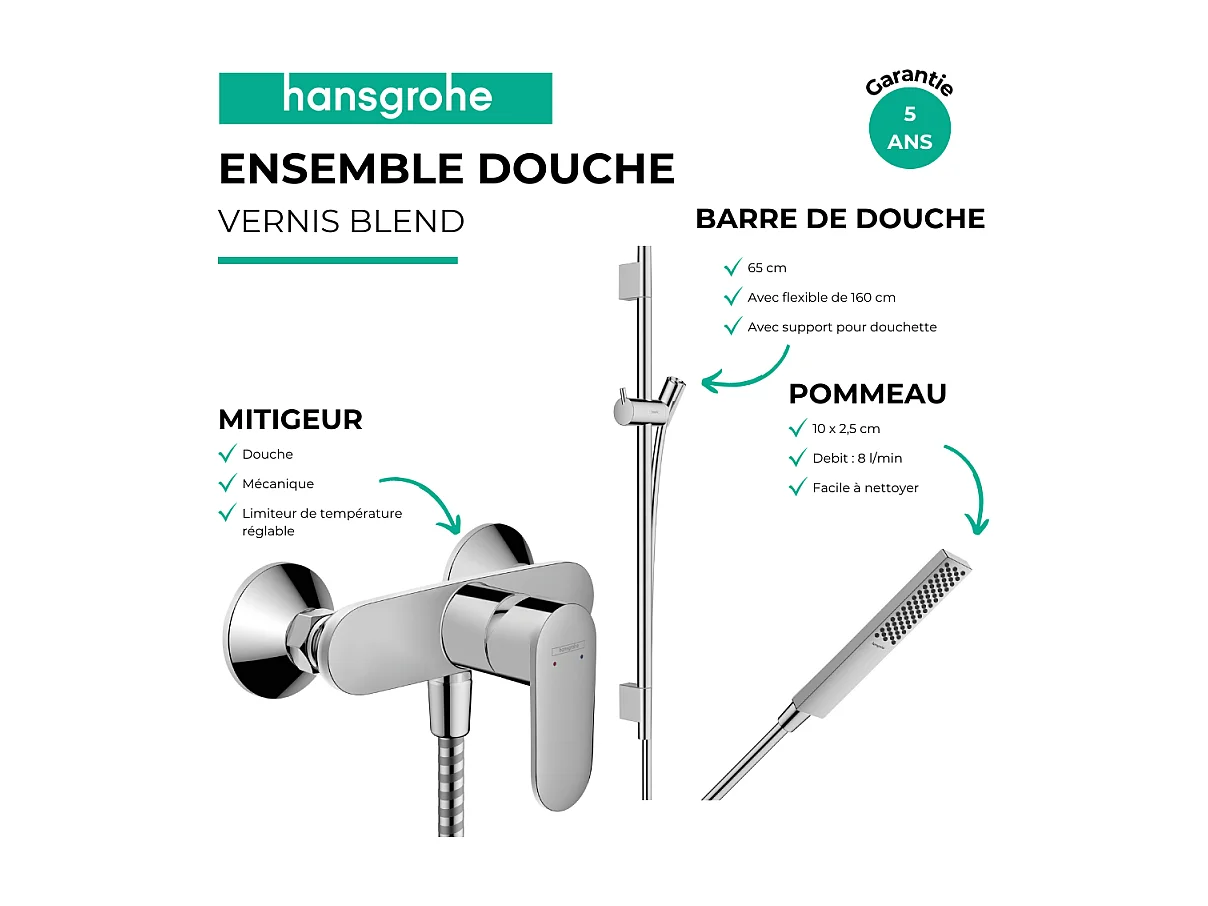 Pack mitigeur douche mécanique HANSGROHE Vernis Blend + Barre Unica S Puro + flexible + Pommeau Pulsify E chromé