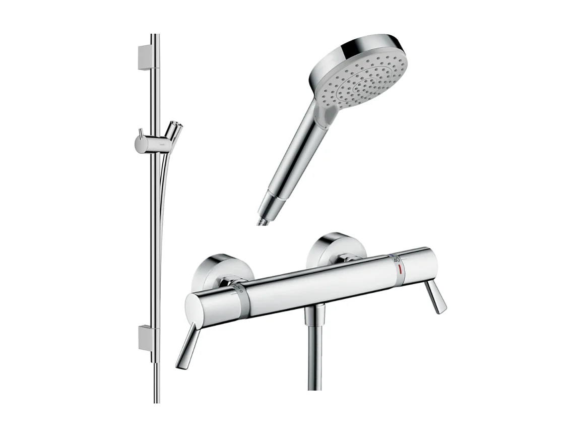 Pack mitigeur douche thermostatique HANSGROHE Ecostat Comfort Care +Barre UnicaS Puro +flexible+ Pommeau Vernis Blend Vario chromé