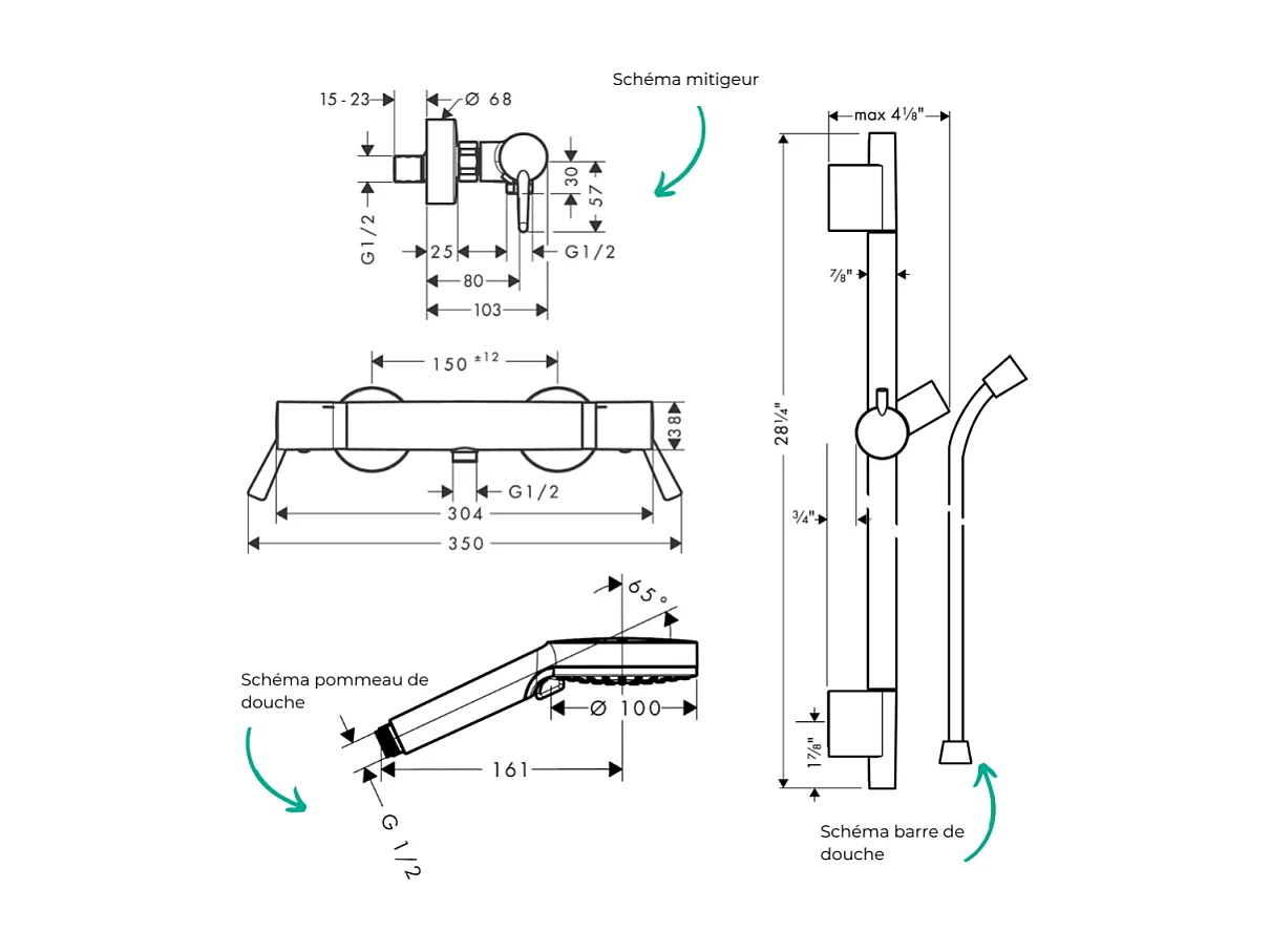 Pack mitigeur douche thermostatique HANSGROHE Ecostat Comfort Care +Barre UnicaS Puro +flexible+ Pommeau Vernis Blend Vario chromé