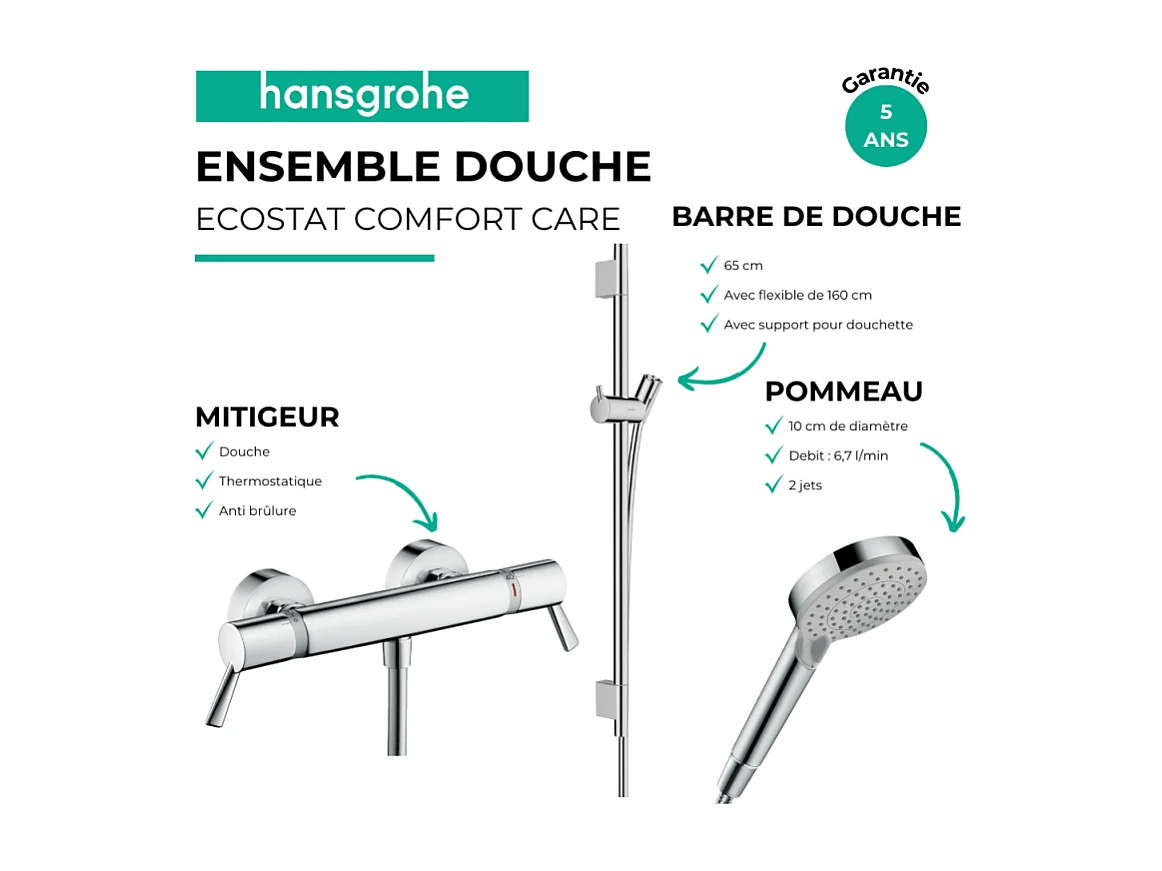 Pack mitigeur douche thermostatique HANSGROHE Ecostat Comfort Care +Barre UnicaS Puro +flexible+ Pommeau Vernis Blend Vario chromé
