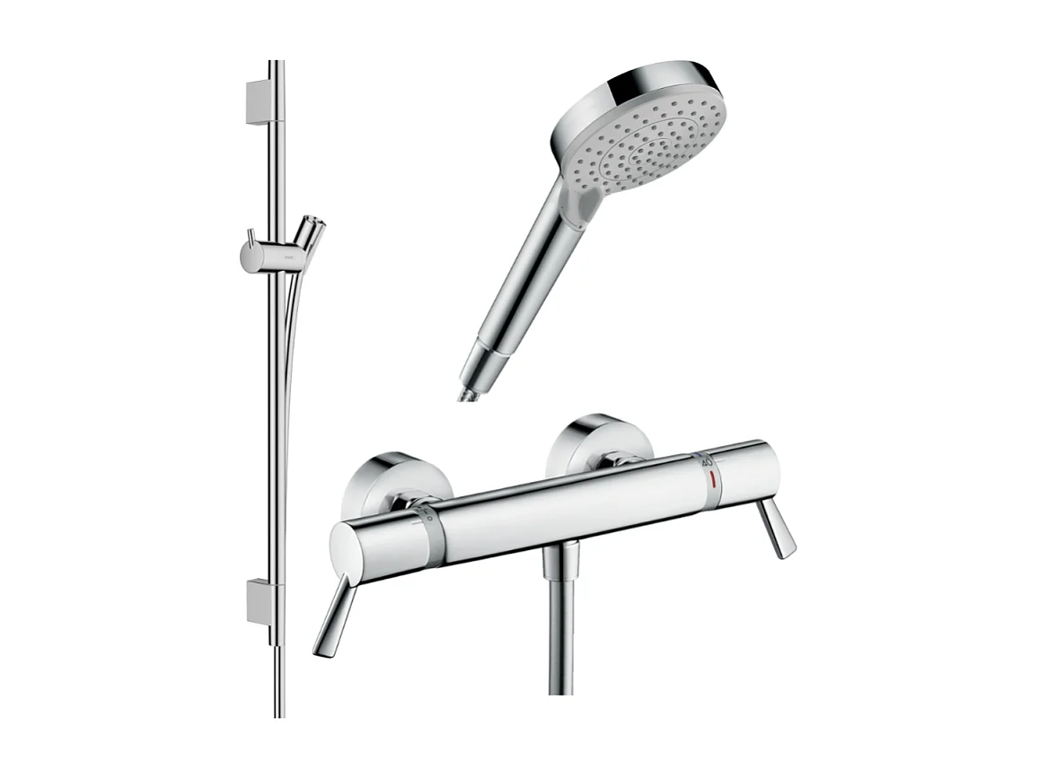 Pack mitigeur douche thermostatique HANSGROHE Ecostat Comfort Care +Barre UnicaS Puro +flexible+ Pommeau Vernis Blend Vario chromé