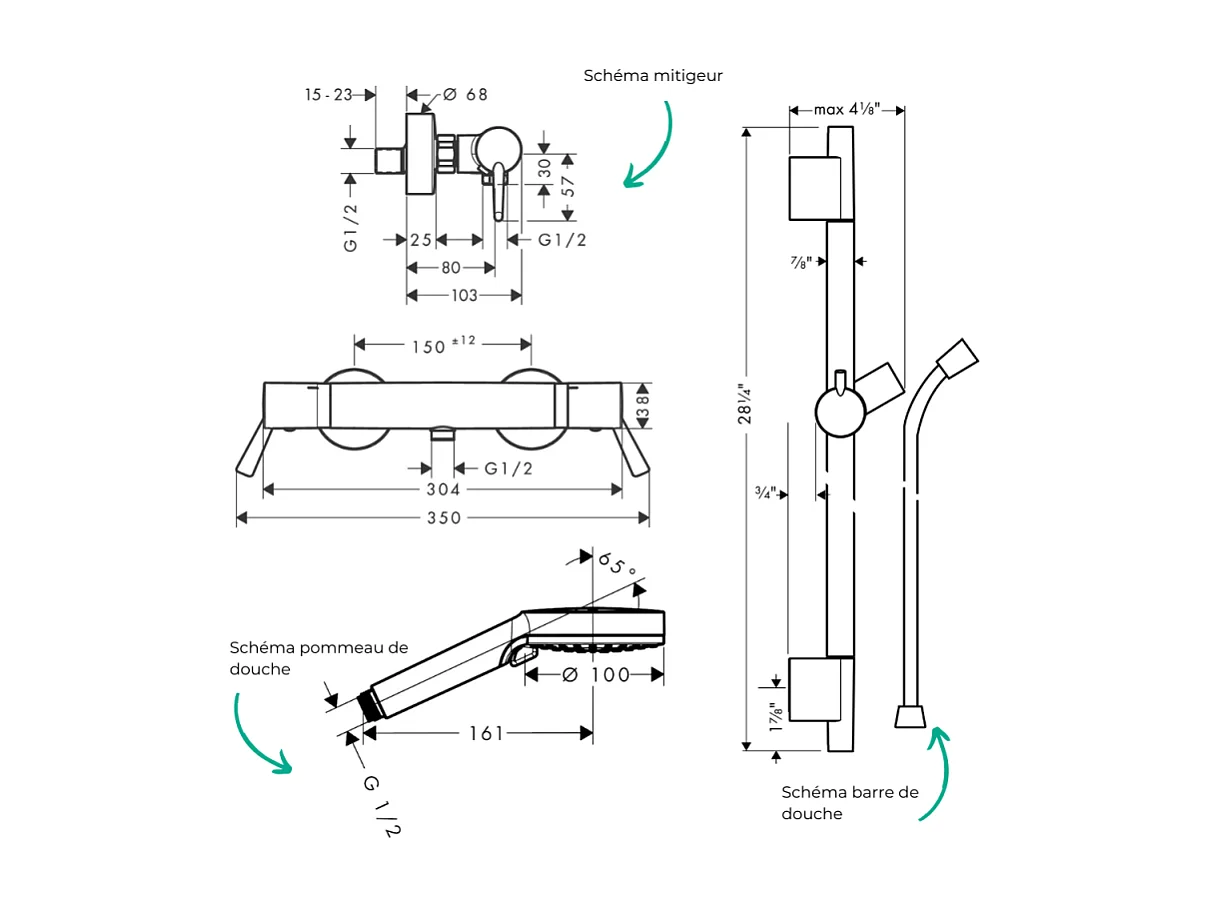 Pack mitigeur douche thermostatique HANSGROHE Ecostat Comfort Care +Barre UnicaS Puro +flexible+ Pommeau Vernis Blend Vario chromé