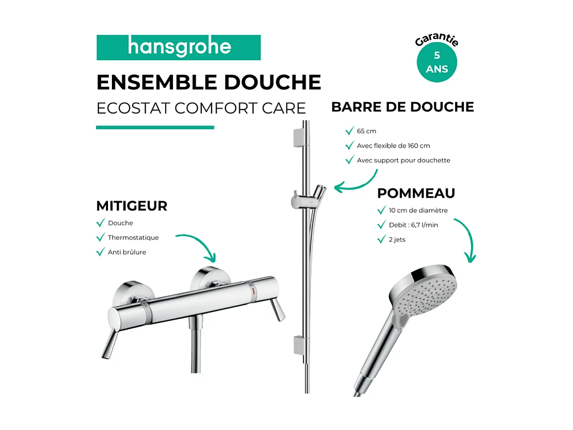 Pack mitigeur douche thermostatique HANSGROHE Ecostat Comfort Care +Barre UnicaS Puro +flexible+ Pommeau Vernis Blend Vario chromé