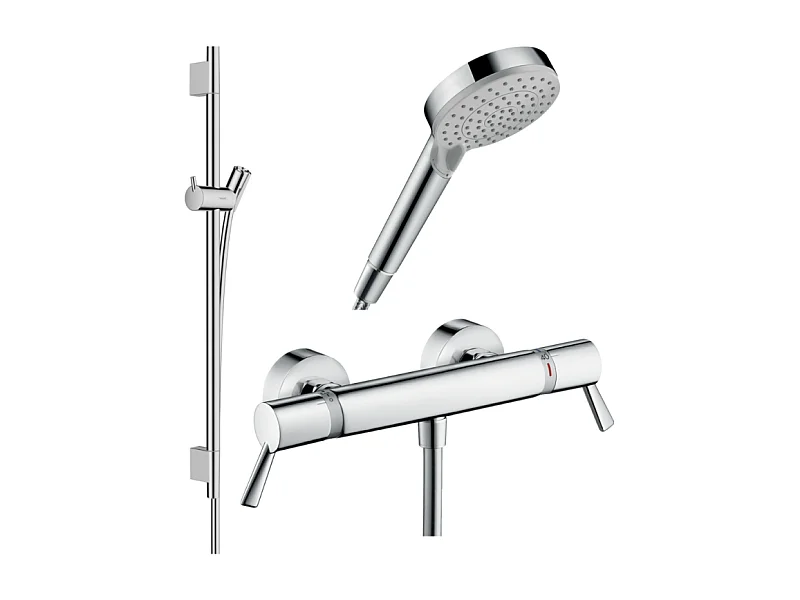 Pack mitigeur douche thermostatique HANSGROHE Ecostat Comfort Care +Barre UnicaS Puro +flexible+ Pommeau Vernis Blend Vario chromé