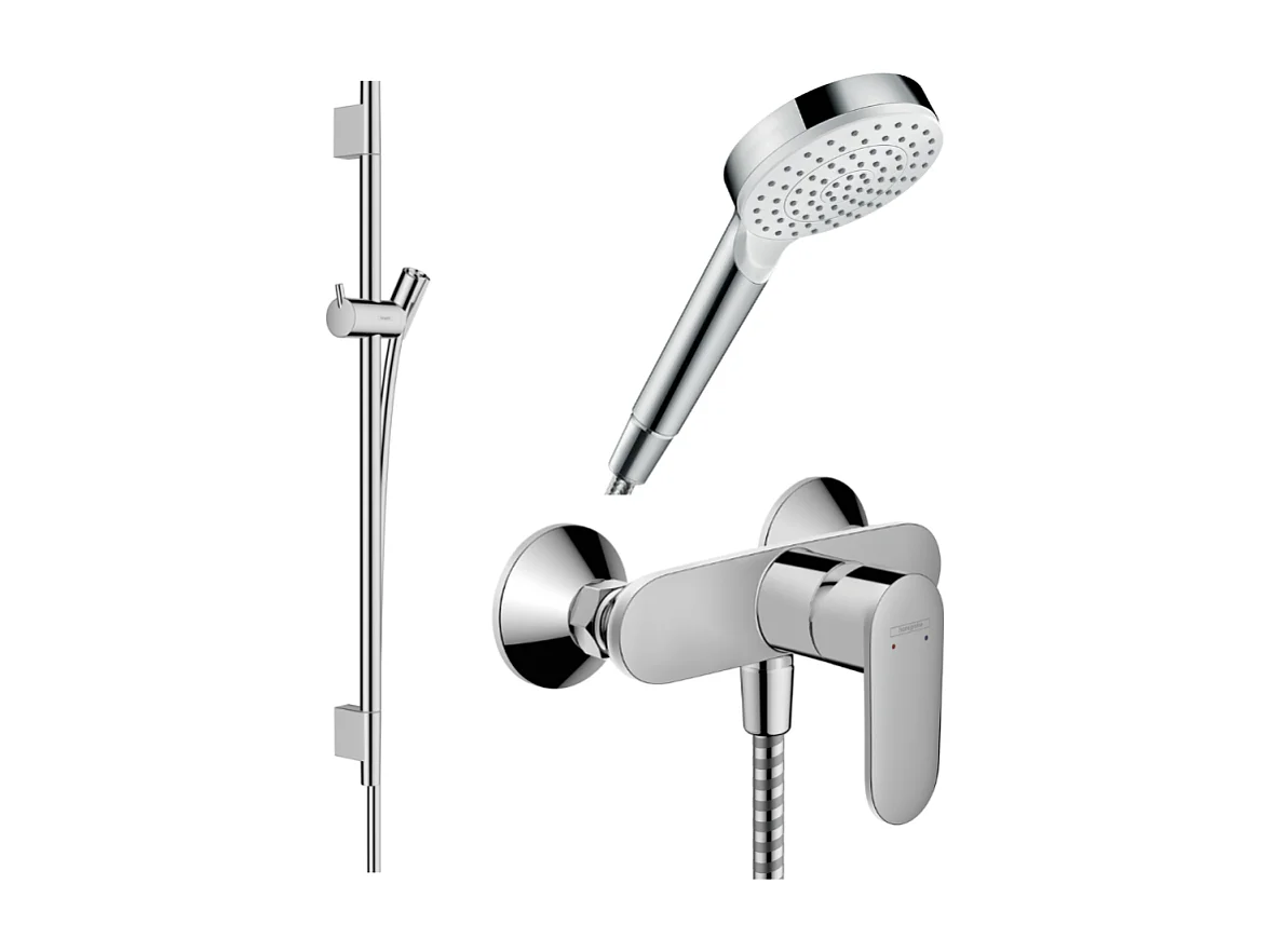 Pack mitigeur douche mécanique HANSGROHE Vernis Blend + Barre Unica S Puro + flexible + Pommeau Crometta blanc/chromé