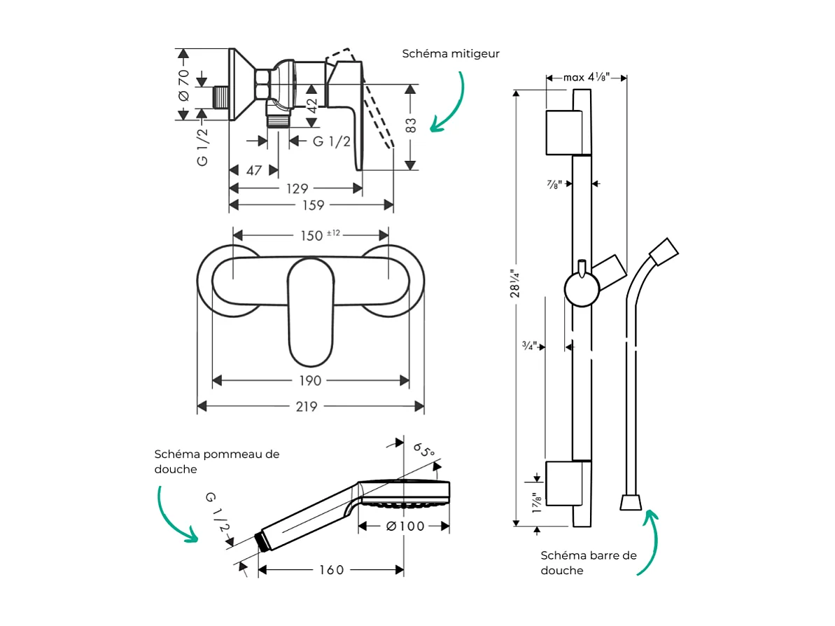 Pack mitigeur douche mécanique HANSGROHE Vernis Blend + Barre Unica S Puro + flexible + Pommeau Crometta blanc/chromé