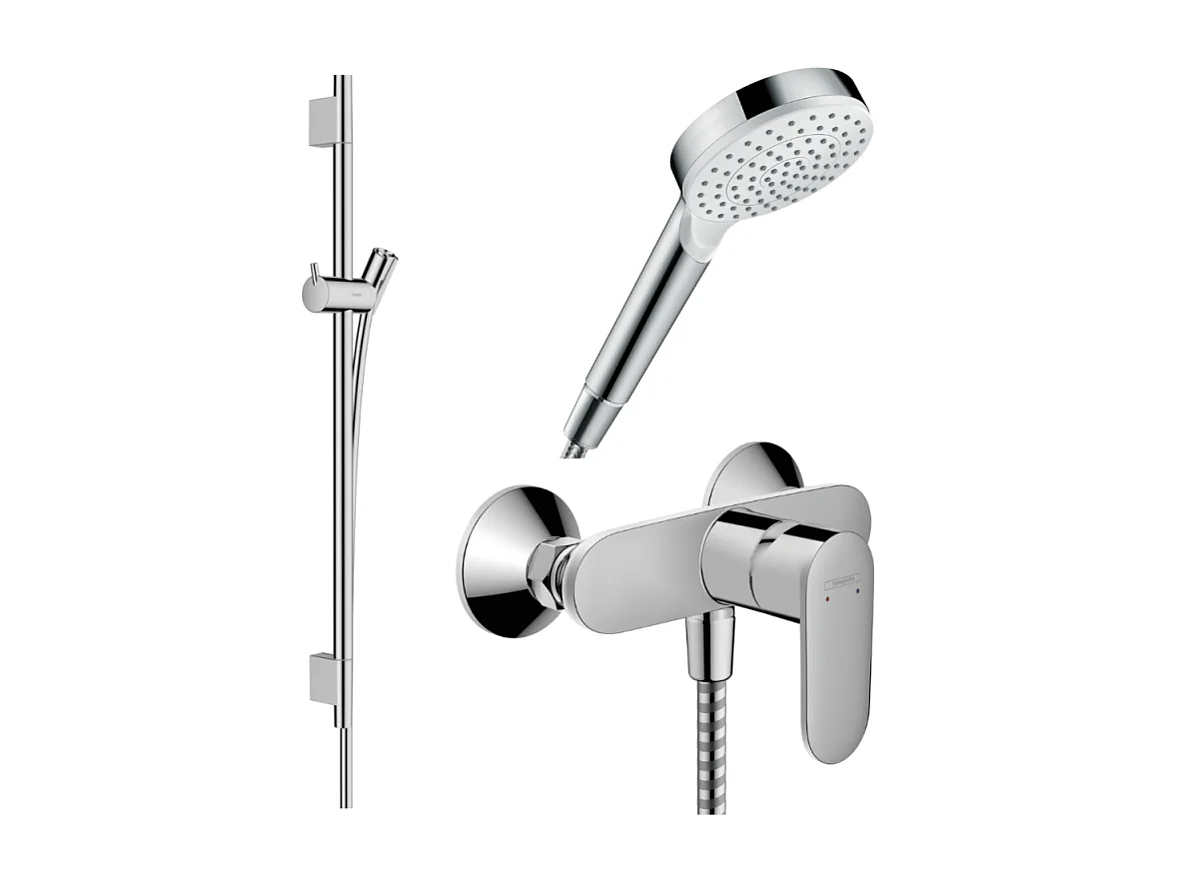 Pack mitigeur douche mécanique HANSGROHE Vernis Blend + Barre Unica S Puro + flexible + Pommeau Crometta blanc/chromé