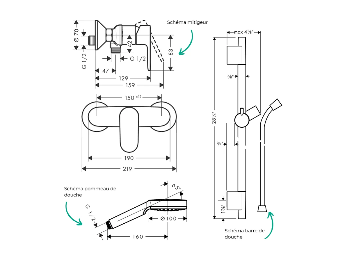 Pack mitigeur douche mécanique HANSGROHE Vernis Blend + Barre Unica S Puro + flexible + Pommeau Crometta blanc/chromé