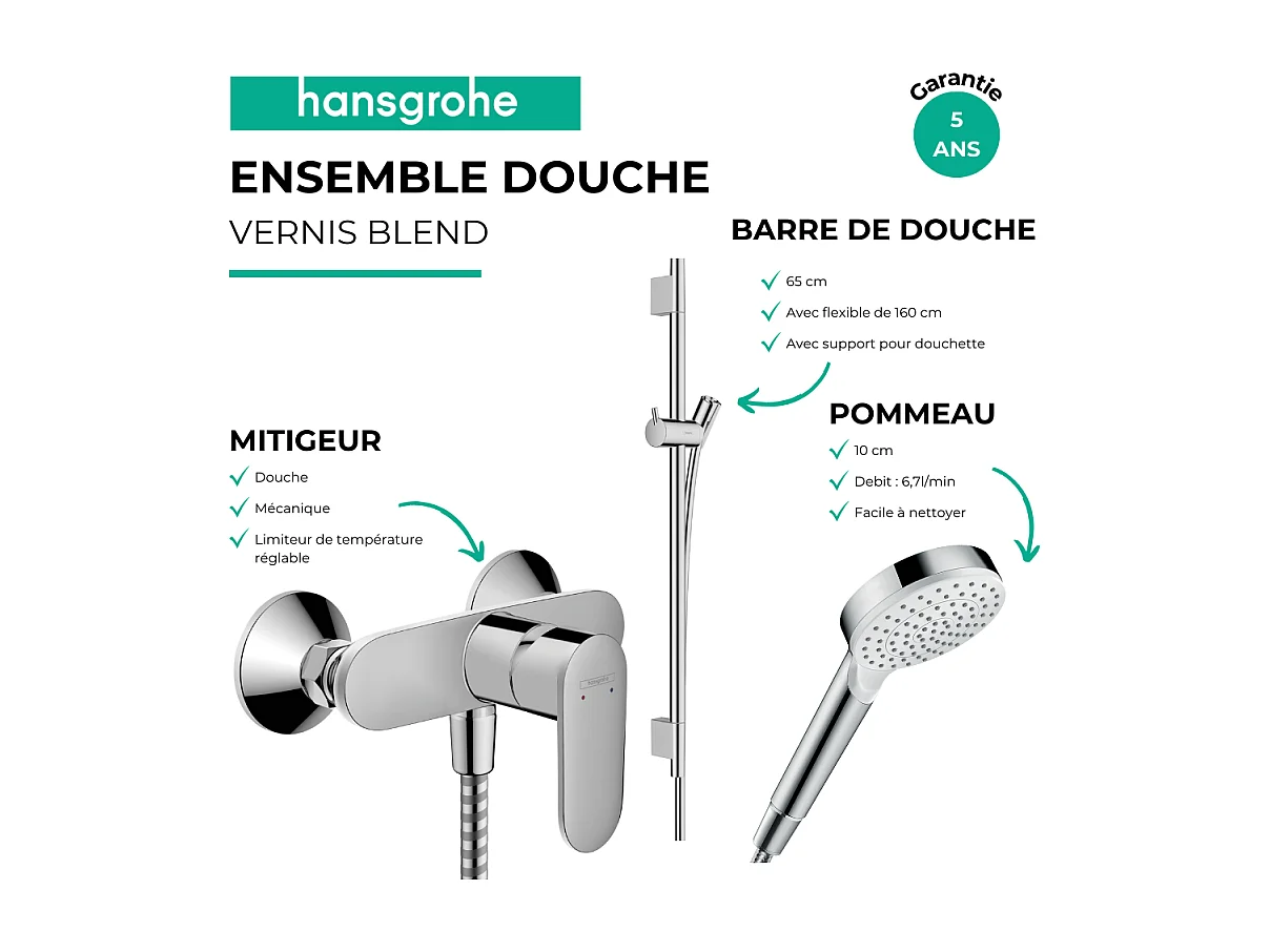 Pack mitigeur douche mécanique HANSGROHE Vernis Blend + Barre Unica S Puro + flexible + Pommeau Crometta blanc/chromé