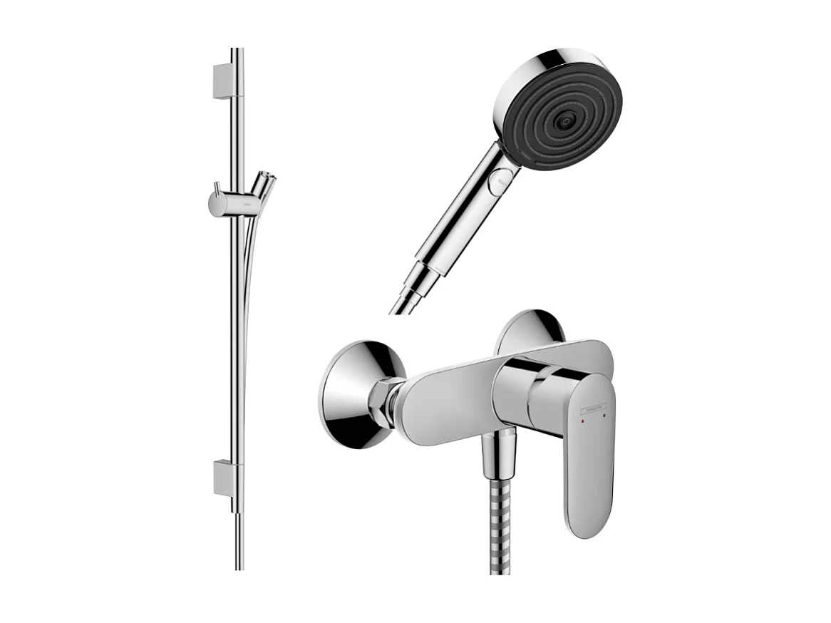 Pack mitigeur douche mécanique HANSGROHE Vernis Blend + Barre Unica S Puro + flexible + Pommeau Pulsify Select 3 jets chromé