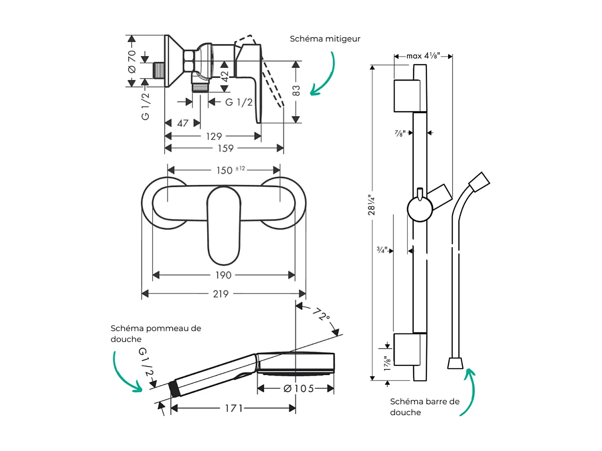 Pack mitigeur douche mécanique HANSGROHE Vernis Blend + Barre Unica S Puro + flexible + Pommeau Pulsify Select 3 jets chromé