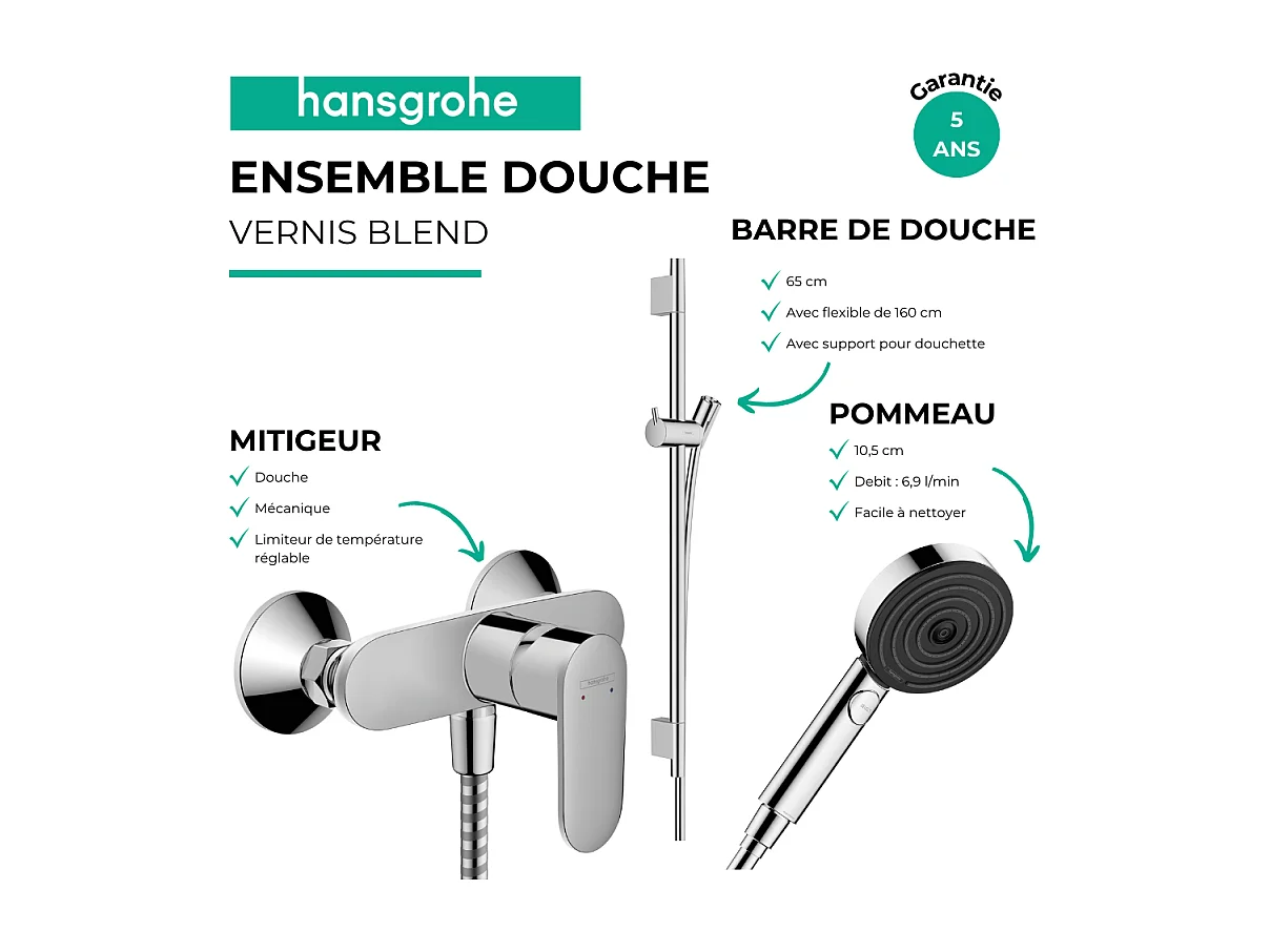Pack mitigeur douche mécanique HANSGROHE Vernis Blend + Barre Unica S Puro + flexible + Pommeau Pulsify Select 3 jets chromé