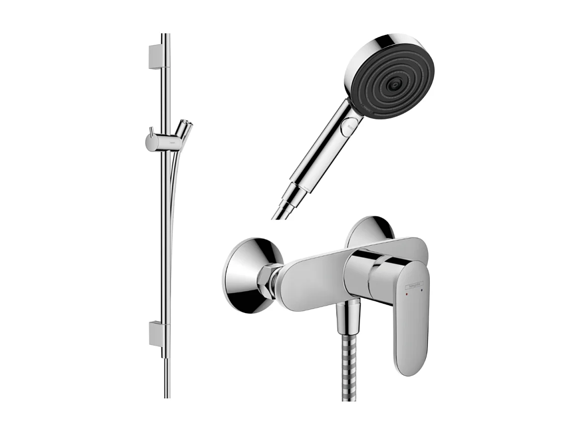 Pack mitigeur douche mécanique HANSGROHE Vernis Blend + Barre Unica S Puro + flexible + Pommeau Pulsify Select 3 jets chromé