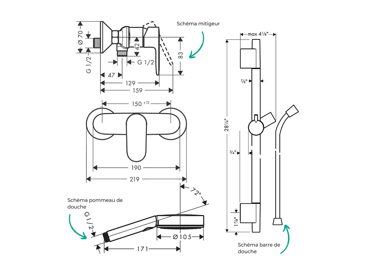 Pack mitigeur douche mécanique HANSGROHE Vernis Blend + Barre Unica S Puro + flexible + Pommeau Pulsify Select 3 jets chromé