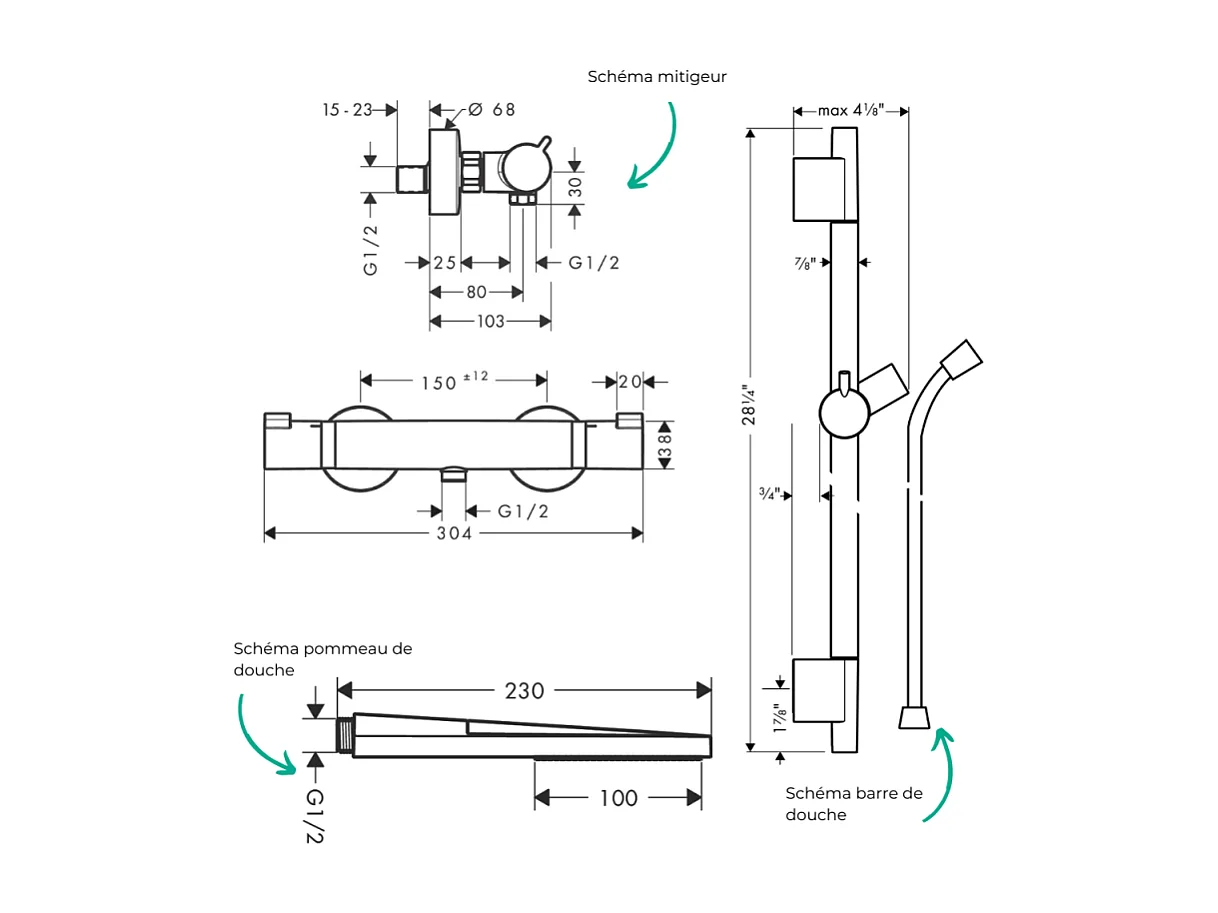 Pack mitigeur douche thermostatique HANSGROHE Ecostat Comfort + Barre Unica S Puro + flexible + Pommeau Pulsify E chromé