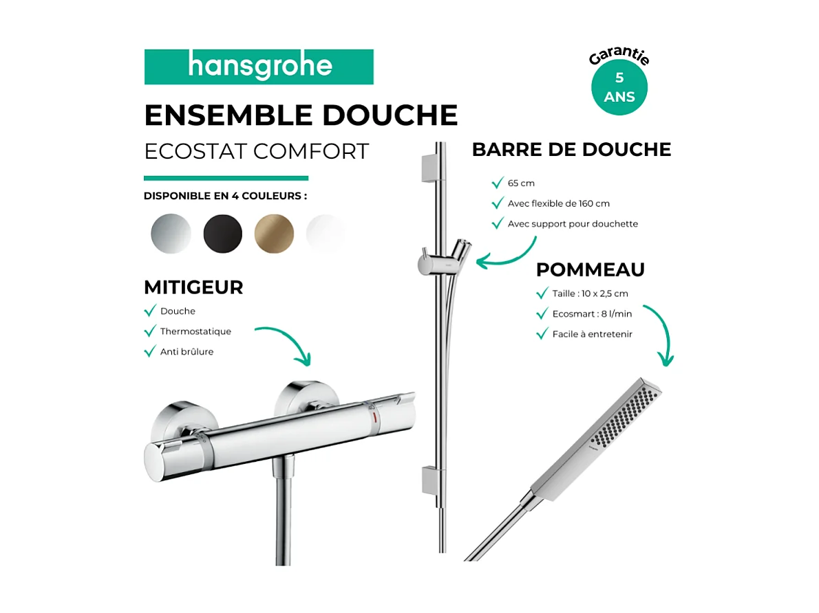 Pack mitigeur douche thermostatique HANSGROHE Ecostat Comfort + Barre Unica S Puro + flexible + Pommeau Pulsify E chromé