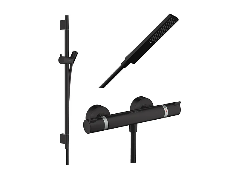 Pack mitigeur douche thermostatique HANSGROHE Ecostat Comfort + Barre Unica S Puro + flexible + Pommeau Pulsify E noir mat