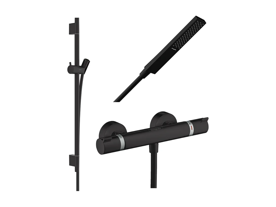 Pack mitigeur douche thermostatique HANSGROHE Ecostat Comfort + Barre Unica S Puro + flexible + Pommeau Pulsify E noir mat
